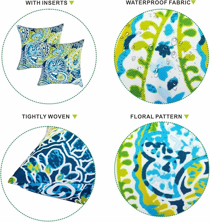 JMGBird Green Outdoor Pillows Waterproof Outdoor Pillow Covers with Insert | 18x18 Outdoor Throw Pillows Waterproof Outdoor Patio Pillows Paisley Print Decorative Pillows for Couch ,Patio Furniture