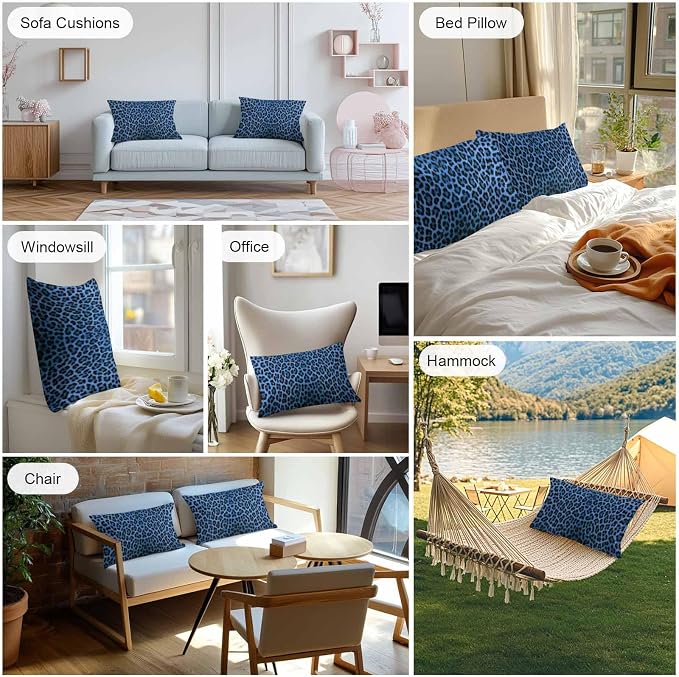 Vandarllin Outdoor Throw Pillows Covers 20x12 inch Set of 2 Waterproof Blue Leopard Print Decorative Zippered Cushion Covers for Patio Furniture, Retro Animal Fur Pattern Lumbar Pillowcases