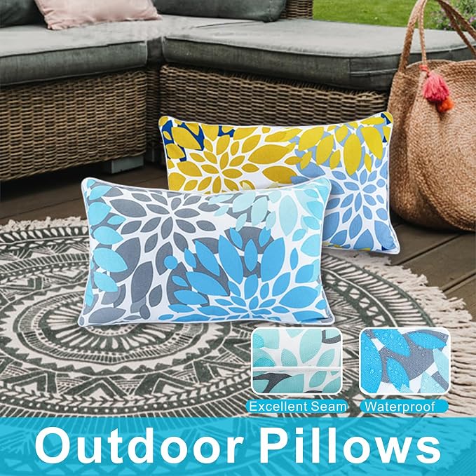 JMGBird Yellow Outdoor Pillows Waterproof 12x20 Throw Pillows with Inserts | Blue & Yellow Pattern UV Fade Resistant Patio Cushions