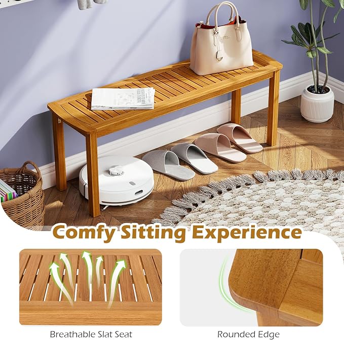 HAPPYGRILL 6 Pieces Acacia Wood Outdoor Dining Set for 6 People, Patio Table & 4 Chairs & 1 Bench Set with Umbrella Hole, Outside Picnic Furniture