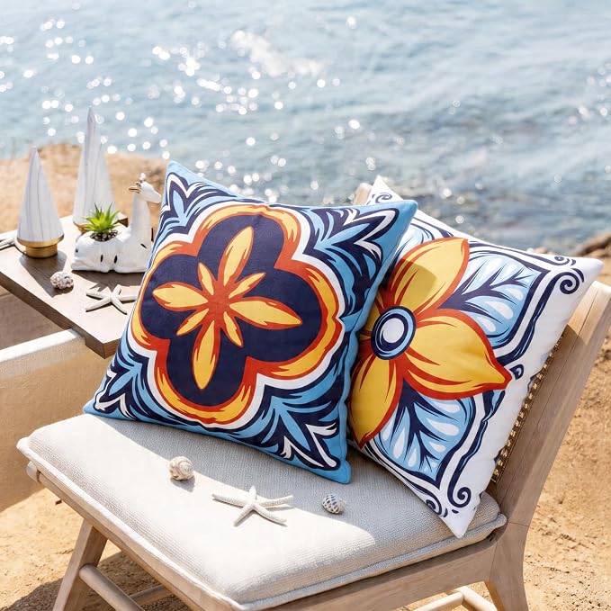 Waterproof Outdoor Pillow Covers, 4 Pack 18x18 Throw Pillow Covers | Blue Orange Decorative Pillow Covers, Floral & Boho Print, Waterproof & Fade Resistant, Cushion Case for Patio Furniture
