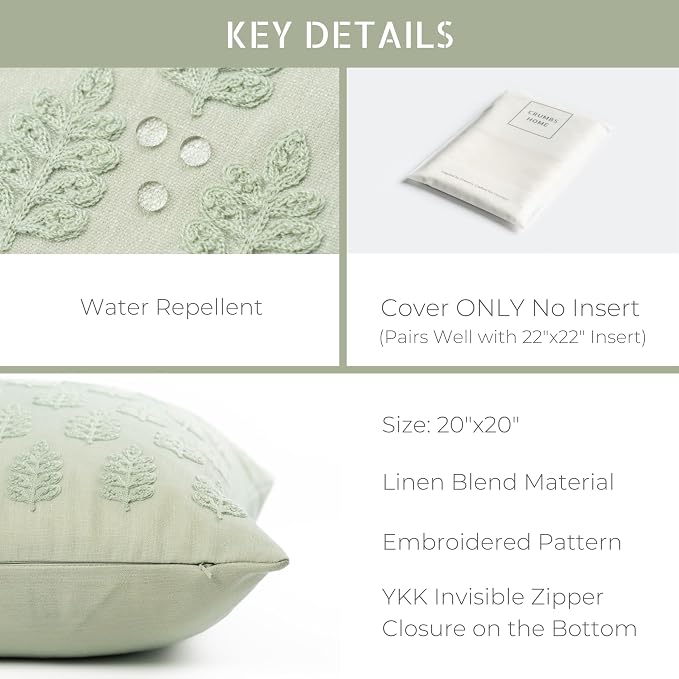 Crumbs Home Modern Farmhouse California Casual Indoor Outdoor Throw Pillow Cover, 20"x20" Water Repellent for Patio, Backyard, Couch, Poolside, Light Green Embroidered Leaves