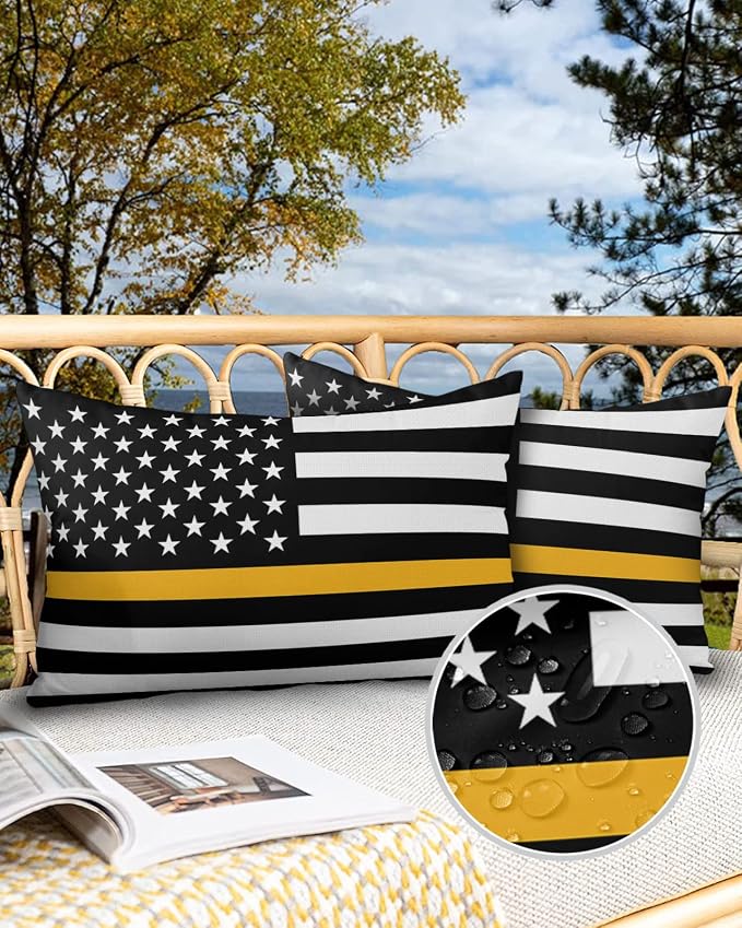 Outdoor Waterproof Pillow Covers Set of 2, Thin Gold Line Dispatchers Dispatch Communications Officer American Flag Patio Throw Pillow Covers, Decorative Cushion Case for Sofa Furniture, 20x12 Inch