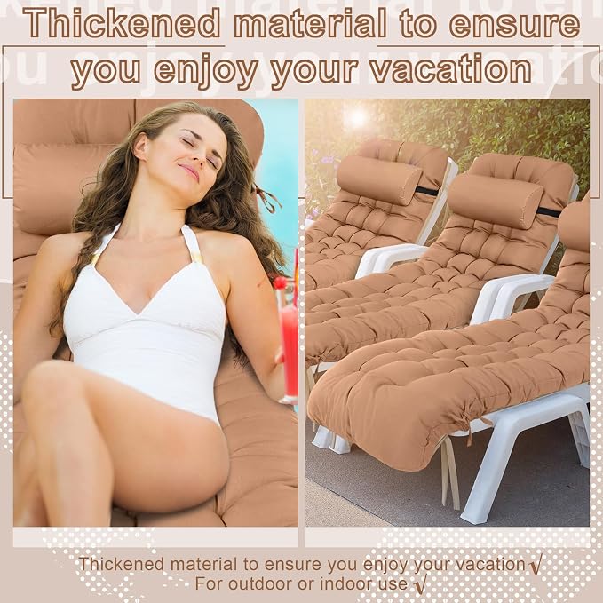 Tudomro Outdoor Chaise Lounge Cushion 66x21x4'' Waterproof & Fade-Resistant Patio Pool Chaise Lounge Cushion Headrest Pillow Tie Replacement Rocking High Back Chair(Camel,1 Pcs)