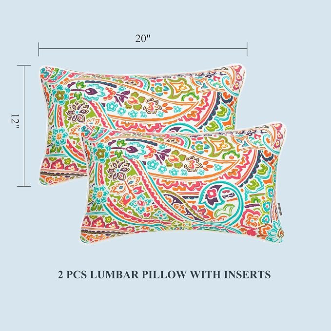 Outdoor Lumbar Pillow with Insert 12x20 Inch Pack of 2-Melora Paisley | Outdoor Pillows for Patio Furniture, Water-Repellent, Decorative Garden Pillows for Home Patio Coach Sofa Use