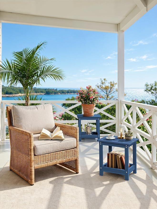 LUE BONA Outdoor Side Table, 2-Tier HDPE Small Outdoor End Table with Rail for Patio, Deck, Poolside, Low Maintenance & Weather Resistant, Prussian Blue