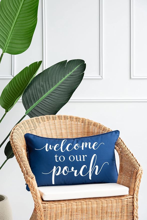 Hofdeco Premium Porch Patio Indoor Outdoor Lumbar Pillow Cover ONLY for Backyard, Couch, Sofa, Navy Blue Welcome to Our Porch, 12"x20"