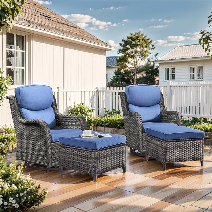 Outdoor Swivel Rocker Patio Chairs with 2 Ottomans - 5" Thick Cushion 4 Piece Furniture Set All Weather Comfortable Wicker Conversation Set for Porch Poolside and Deck - Gray/Blue