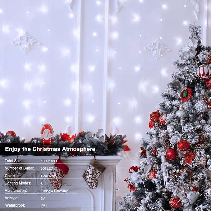 echosari 9.8Ft×9.8ft Curtain Lights Battery Operated with Remote Cool White | 300 LED Hanging Light Timer Fairy Curtain Lights for Bedroom Patio Wedding Backdrop Party Decór