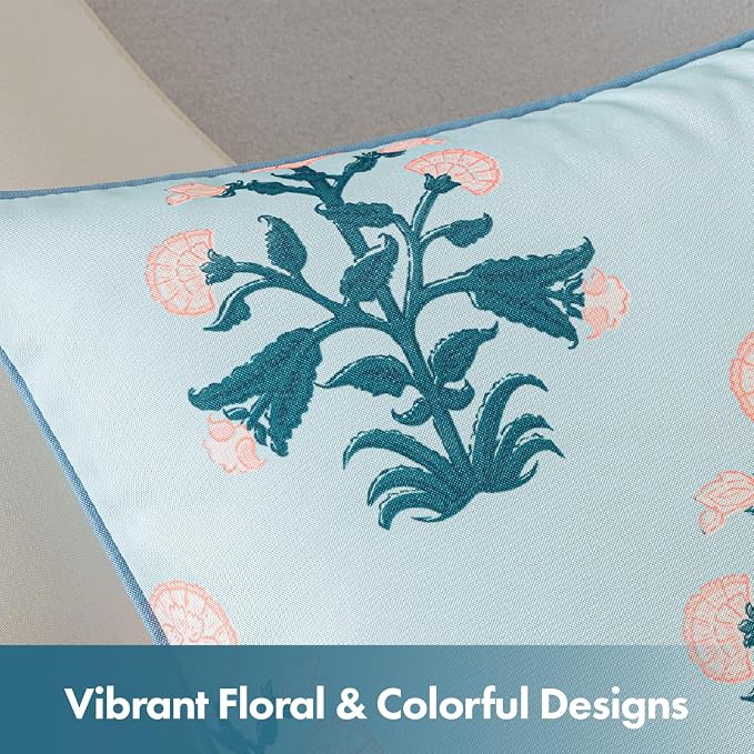 MIULEE Floral Outdoor Pillows Covers with Inserts 18x18 Blue Pink | Set of 2 Waterproof Decorative Throw Pillows with Piping,Vintage Fade Resistant, Patio Furniture Summer Garden Couch Sofa