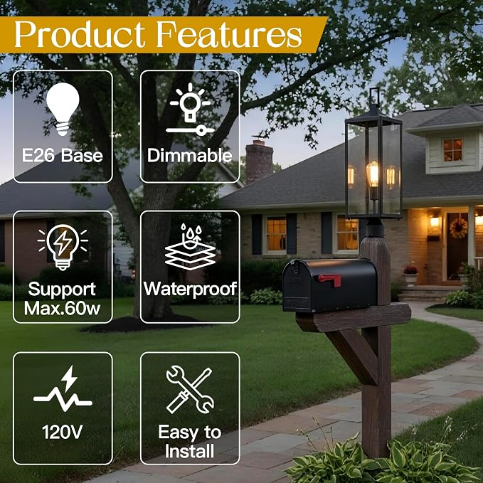 25.6 Inch Photocell Outdoor Lamp Post Light with Dusk To Dawn Sensor-Large Post Lamp For Yard Residential Sidewalk 25.6in Large lamppost Dusk To Dawn Pole Lantern For House Outdoor Column Light, E26