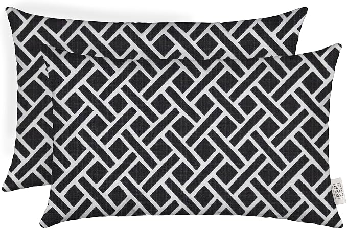 RSH DECOR: Lumbar Throw Pillows Set of 2 | 20” x 12" | All-Weather Spun Fabric | Water and Fade-Resistant | Outdoor Support Pillows for Patio Furniture | Matte Black Geometric