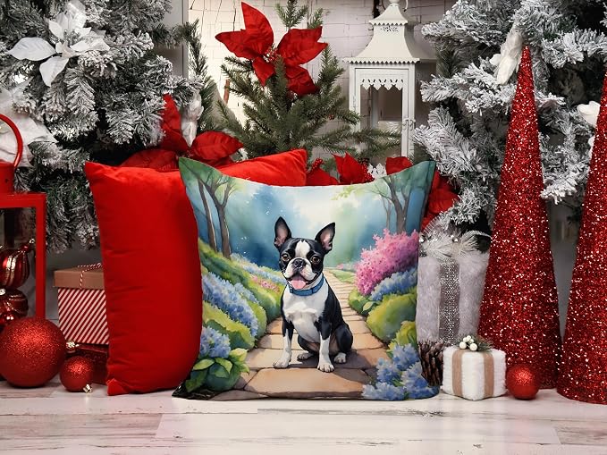 Caroline's Treasures Boston Terrier Spring Path Throw Pillow Machine Washable, Indoor Outdoor Decorative Pillow for Couch, Bed or Patio, 14Hx14W