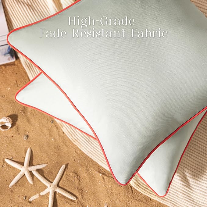 Phantoscope Pack of 2 Outdoor Waterproof Throw Pillow Covers with Contrast Piping, Decorative Square Cushion Case Patio Pillows for Couch Tent, Light Grey 18x18 inches