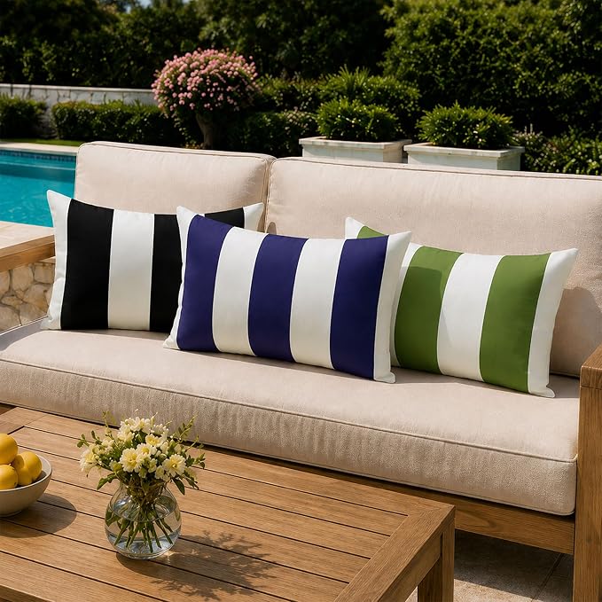 Allorry Lumbar Pillow Cover 12x20 Olive Green Striped Decoration Throw Pillow Covers for Spring Summer Outdoor Waterproof Garden Patio Furniture Sofa Bed Home Decor JB016-B12
