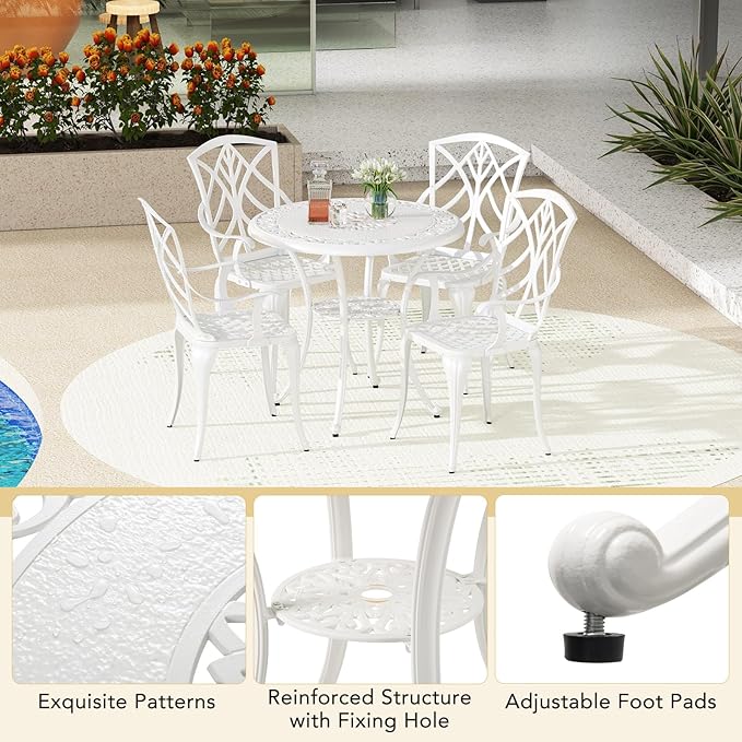 Tangkula 31.5” Cast Aluminum Patio Dining Table, Round Outdoor Bistro Table with 2” Umbrella Hole, Outdoor Side Table for Backyard, Lawn, Deck and Garden, White