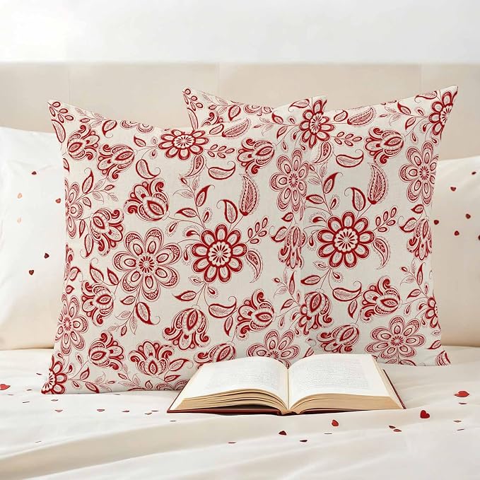 Abstract Paisley Pattern Outdoor Pillow Covers Set of 2 Retro Ethnic Red Flower Waterproof Throw Pillow Cover Decorative Cushion Cases for Patio Porch Garden 24X24 Inch