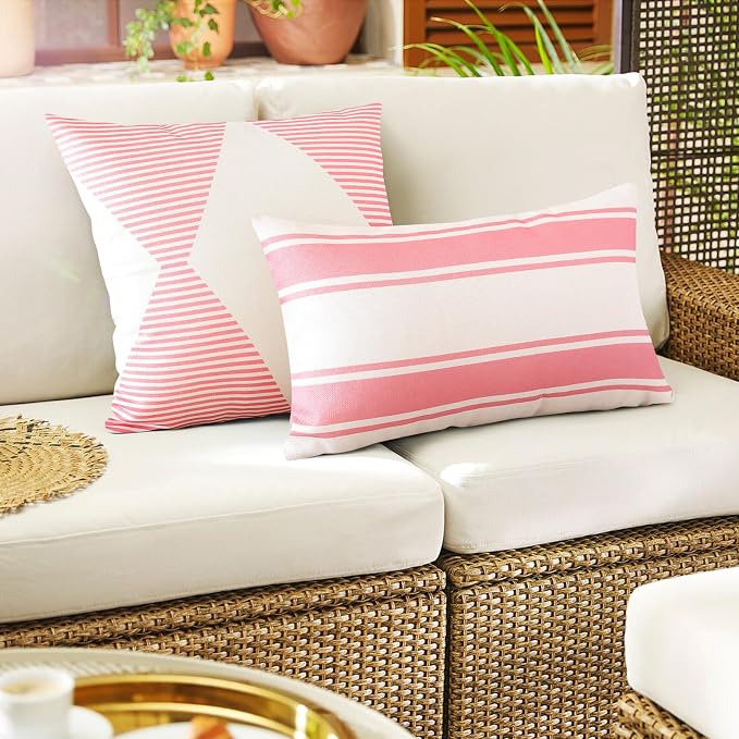 OTOSTAR Outdoor Waterproof Decorative Throw Pillow Covers 20x20 Inch Geometry Pillow Cases Square Cushion Case Garden Pillow Covers Pillows Shell for Patio Furniture Couch Tent Balcony Set of 4 (Pink)