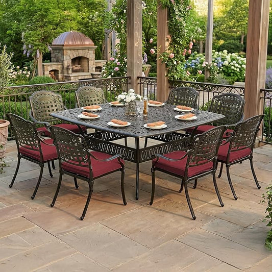 VIVIJASON 9-Piece Outdoor Dining Set, Cast Aluminum Retro Patio Furniture Table and Chairs Set for 8, Include Large 64" Square Dining Table and 8 Chairs with Umbrella Hole for Balcony Garden, Red