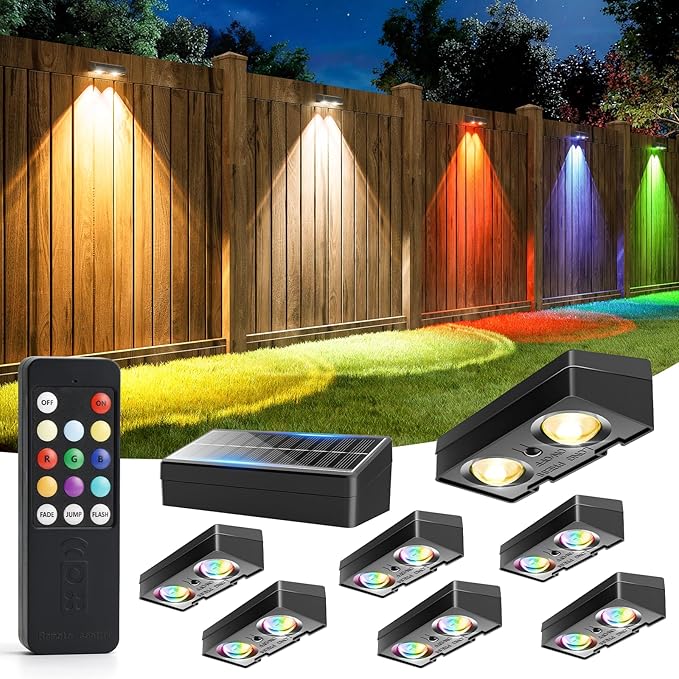 JOFIOS Fence Lights Solar Powered with Remote, 9 Fixed Colors 12 Modes, Solar Fence Lights Outdoor Waterproof, Warm/Cool White, RGB LED Deck Lights for Yard/Railing/Balcony/Patio/Stair/Outside, 8 Pack