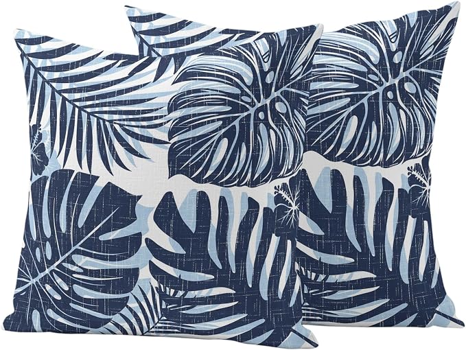Navy Blue Palm Leaves Outdoor Pillow Covers 18"x18" Set of 2, Tropical Botanical Minimalist Modern Waterproof Throw Pillow Covers for Patio Furniture, Decorative Cushion Covers for Porch