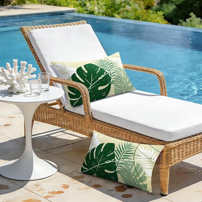 OTOSTAR Outdoor Waterproof Throw Pillow Covers 16x24 Inch Set of 2 Double-Sided Green Tropical Leaf and Flower Spring Summer Decorative Pillow Cases for Patio Funiture Garden Balcony Couch