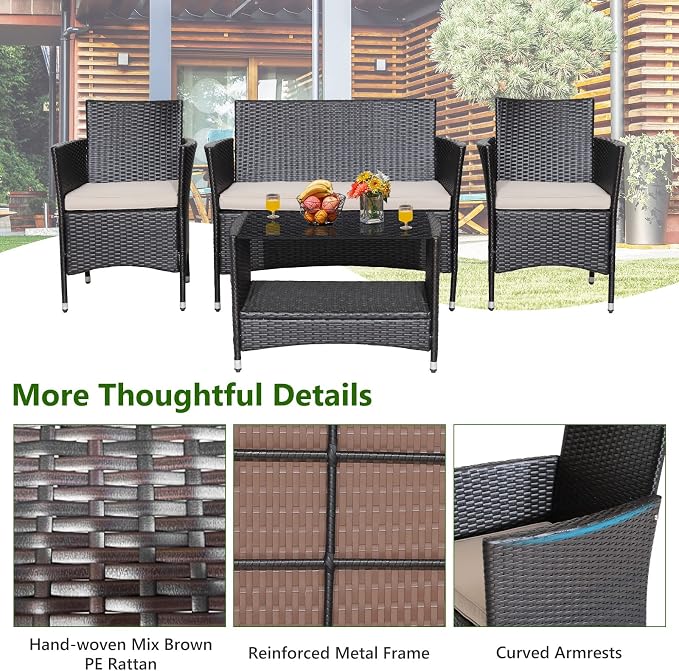 HAPPYGRILL 4 Pieces Rattan Patio Furniture Set, Mix Brown Wicker Sofa Set with Soft Seat Cushions, 2-Tier Tempered Glass Coffee Table, Outdoor Rattan Conversation Set for Backyard Poolside