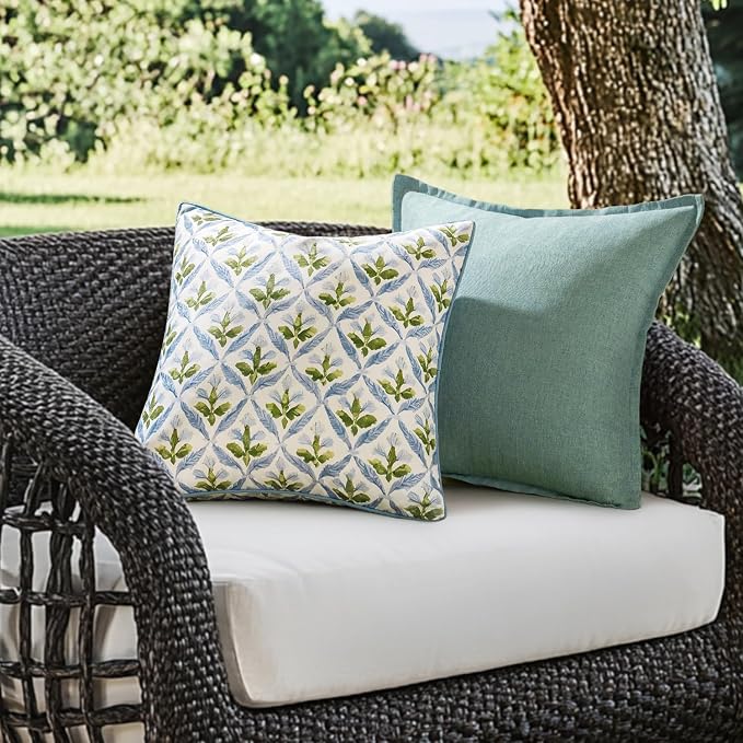 MIULEE Outdoor Floral Pillow Covers Waterproof 16x16 Blue-Green | Decorative Block Print,Boho Farmhouse, Set of 2 Coastal Summer Cushion Covers with Piping,Garden Patio Furniture Porch Couch