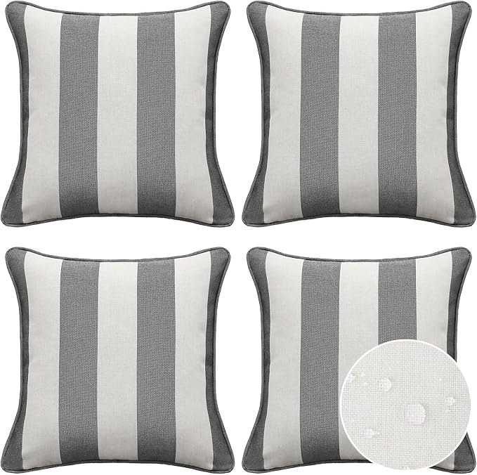 Decorative Outdoor Water Repellent Throw Pillows with Inserts, Set of 4, 16" x16" Pillows for Patio, Backyard, Bed, Couch, and Patio Furniture, Gray Stripe