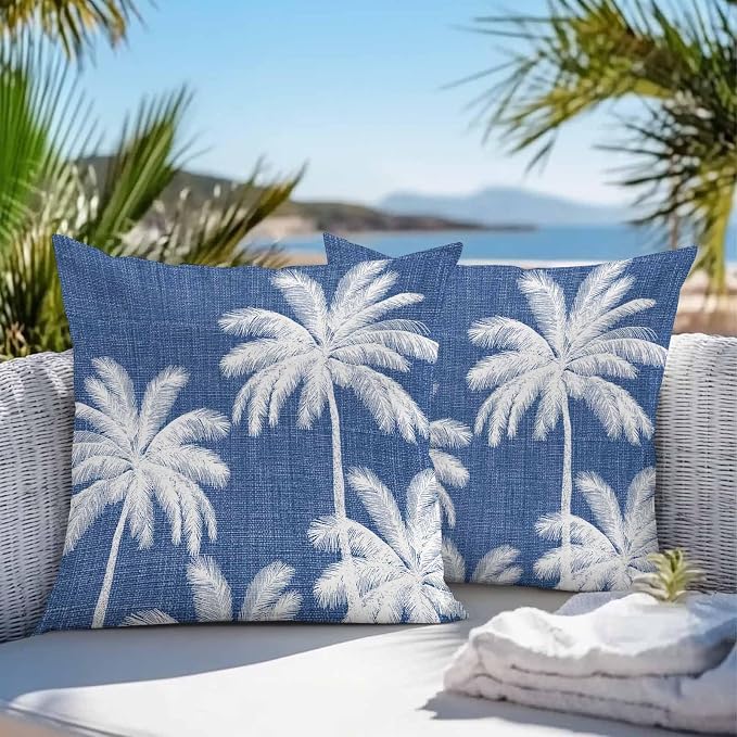 Outdoor Pillow Covers 16x16 Inch Set of 2, Navy Blue Palm Trees Waterproof Throw Pillow Covers, Farmhouse Tropical Summer Beach Decorative Cushion Pillowcases for Couch, Sofa, Bed, Garden, Patio
