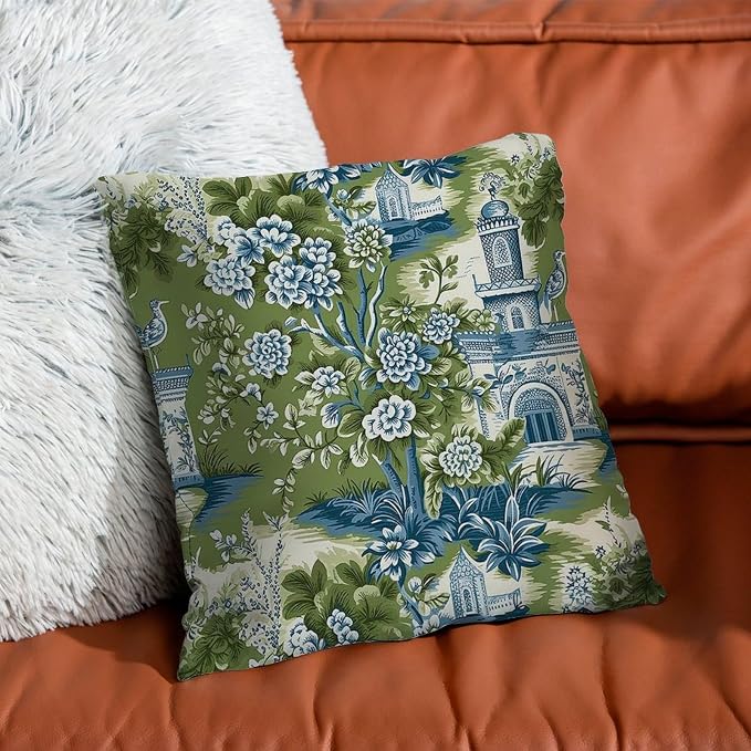 Pagoda Garden Imperial Green Chinoiserie Outdoor Throw Pillow Covers Asian Peacock Floral Waterproof Throw Pillowcase 24x24 in Rustic Accent Throw Pillow Covers for Patio Furniture Tent Garden