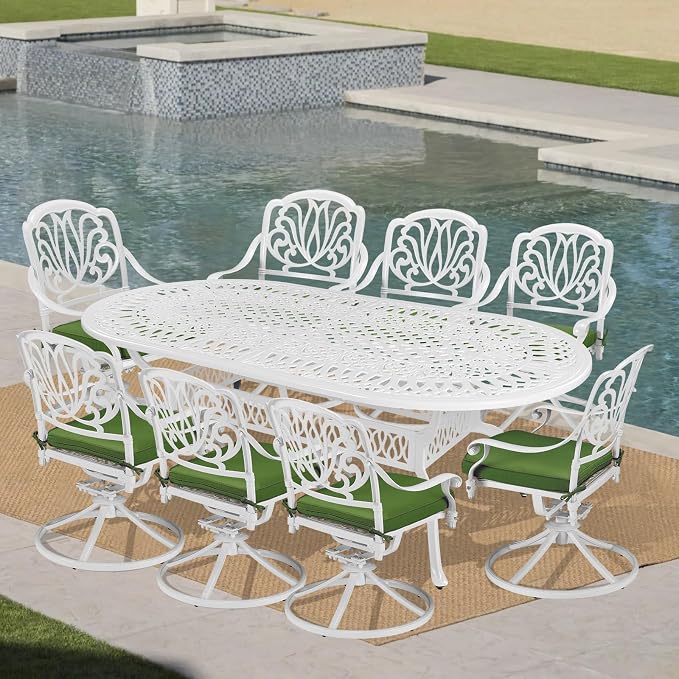 VIVIJASON Large Patio Dining Table, Outdoor Oval Dining Table Fits for 6-8 Person, White Cast Aluminum Rustic Patio Table with Umbrella Hole for Balcony, Porch and Deck