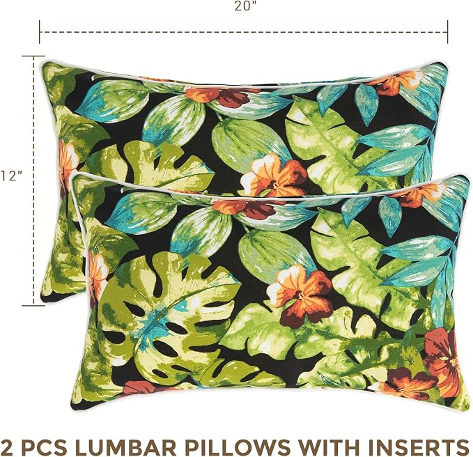 Lumbar Pillow with Insert, Set of 2, Outdoor Indoor Waterproof Decorative Patio Lumbar Pillow 12x20 Inch, Rectangular Cushion for Couch Sofa Garden Farmhouse Decoration-Tropical Green Leaves