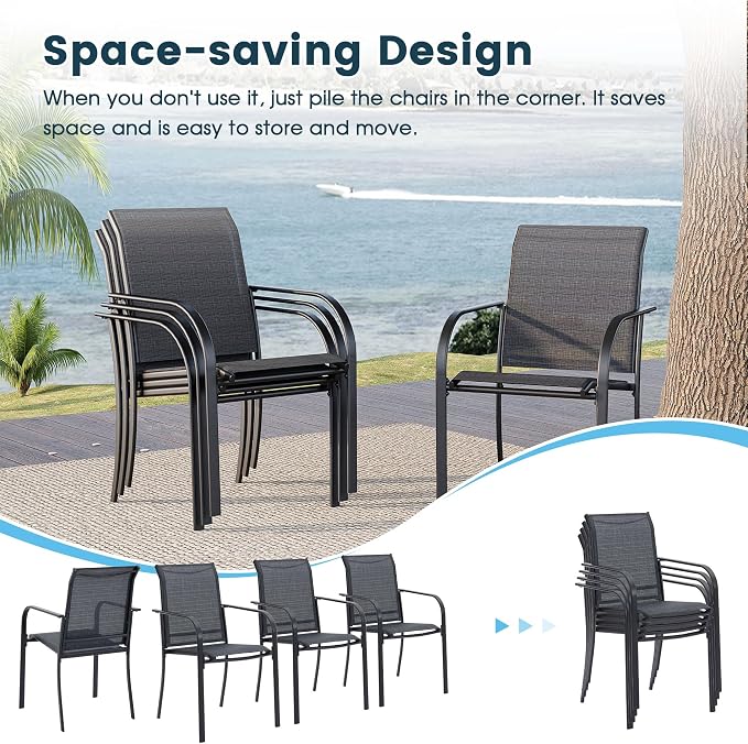 9 Pieces Patio Dining Set, 53" Round Dining Table with Umbrella Hole, 8 Stackable Textilene Fabric Chairs, Metal Structure for Patio, Porch, Garden(Black Table, Grey Chair)