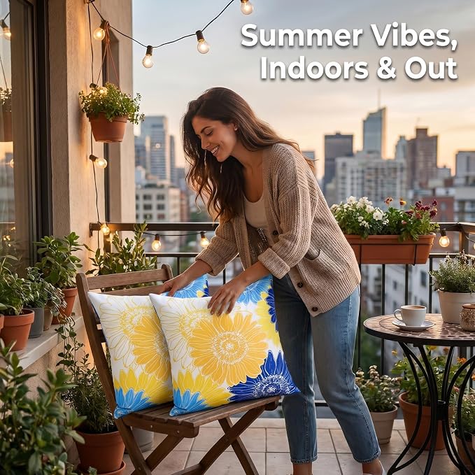 Yellow Blue Floral Pillow Covers Outdoor Waterproof Throw Pillow Covers 16x16 Decorative Summer Square Sunflower Garden Cushion Throw Pillowcase Set of 2 for Patio Furniture Garden Tent Balcony Bench