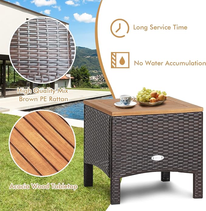 HAPPYGRILL 3-Piece Patio Furniture Set Outdoor PE Rattan Bistro Set with Coffee Table, Soft Seat Cushions & Throw Pillows, Acacia Wood Conversation Set for Patio Courtyard Poolside
