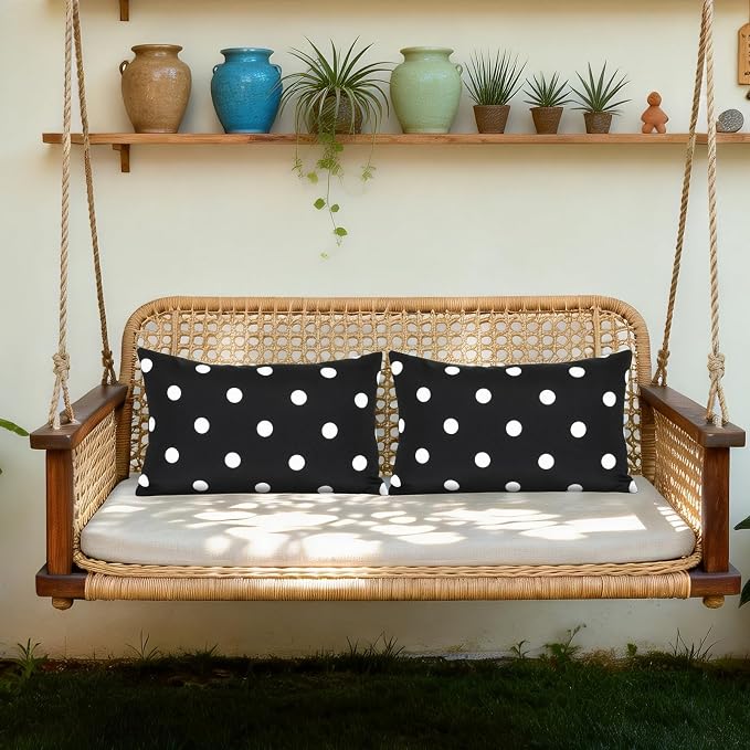 Eternal Beauty 12X20'' Set of 2 Outdoor Decorative Pillow Covers Waterproof Outdoor Pillow Covers for Spring Summer Patio Lumbar Pillows, Black Polka Dot, 12X20 inches
