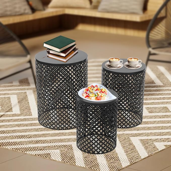 Set of 3 Outdoor Side Table, Garden Stool for Patio, Metal Accent Table Modern End Table, Patio Side Table for Garden, Balcony, Bedroom Indoor Outdoor Decorative, Jet Black