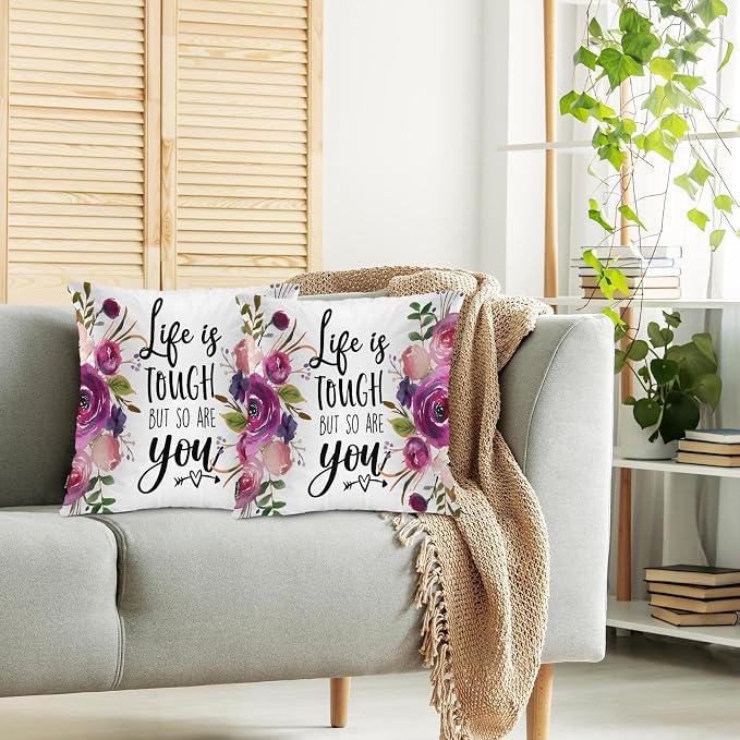 Swono Inspirational Quote Pack of 2 Decorative Throw Pillow Covers Cushion Covers, Life is Tough But So are You Couch Pillow Case Boho Cushion Pillowcase for Bedroom Sofa Living Room 18X18 Inch Rose