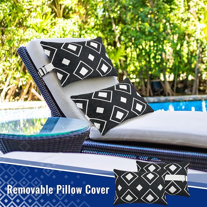 Juexica 2 Pack Chaise Lounge Pillow with Strap Outdoor Waterproof Beach Chair Neck Headrest Pillow Adjustable Elastic Band for Hammock Lumbar Recliner Pillows for Patio Pool Chair(White and Black)