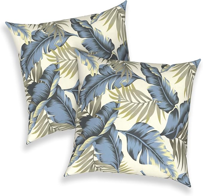 Outdoor Throw Pillows 16x16 Inch, Water Repellent Patio Pillows with Inners Set of 2 for Patio Furniture Home Graden, ‌Lush Palm Blue