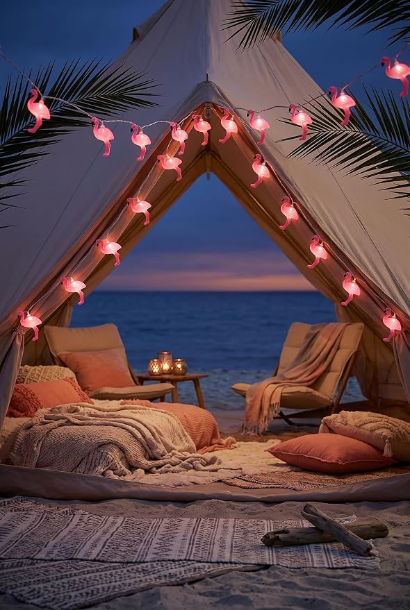 8.5Ft Summer Themed Tropical Beach Lights, 10L Pink Flamingo String Lights | Indoor Outdoor LED Party Lights for Bedroom Birthday Wedding Holiday Hawaiian Tiki Tropical Party Décor