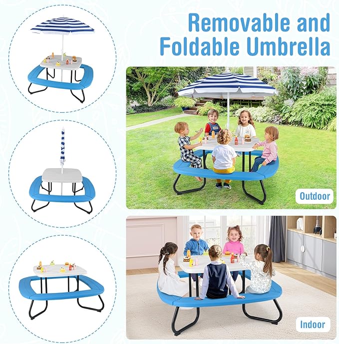 HONEY JOY Kids Picnic Table, 8 Person Toddler Outdoor Table and Chair Set, 4 Built-in Benches, Removable Umbrella, Metal Frame & HDPE Top, Children Outdoor Furniture for Backyard Patio Garden (Blue)