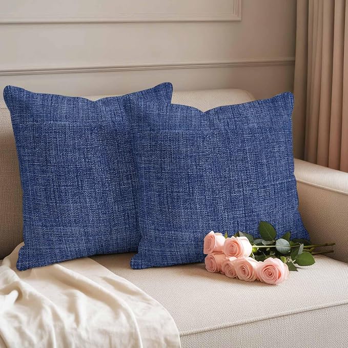 Outdoor Waterproof Throw Pillow Covers Set of 2 Navy Blue Linen Pillowcases 18x18 Inches Farmhouse Pure Color Decorative Pillows Cushion Case Patio Pillows for Couch Bed Chair Garden