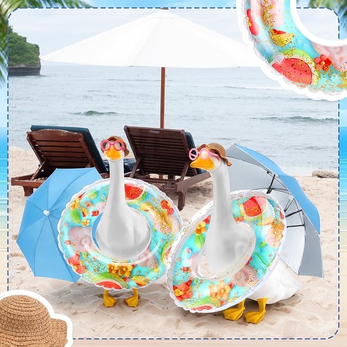 Outus Funny Summer Porch Goose Outfits Set Includes Color Swimming Ring and Umbrella Goose Porch Clothing for Outdoor Swimming Pool Garden Yard Patio Lawn Statue