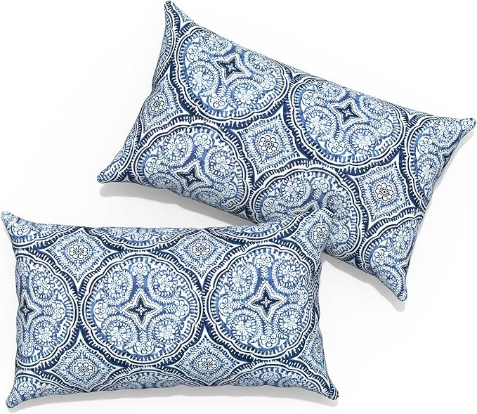 Outdoor Lumbar Pillows 12x20 inch, Rectangle Throw Pillows with Inserts, Decorative Lumbar Cushions for Patio Furniture Garden Couch Home Sofa Office Chair, Pack of 2,Medallion Blue