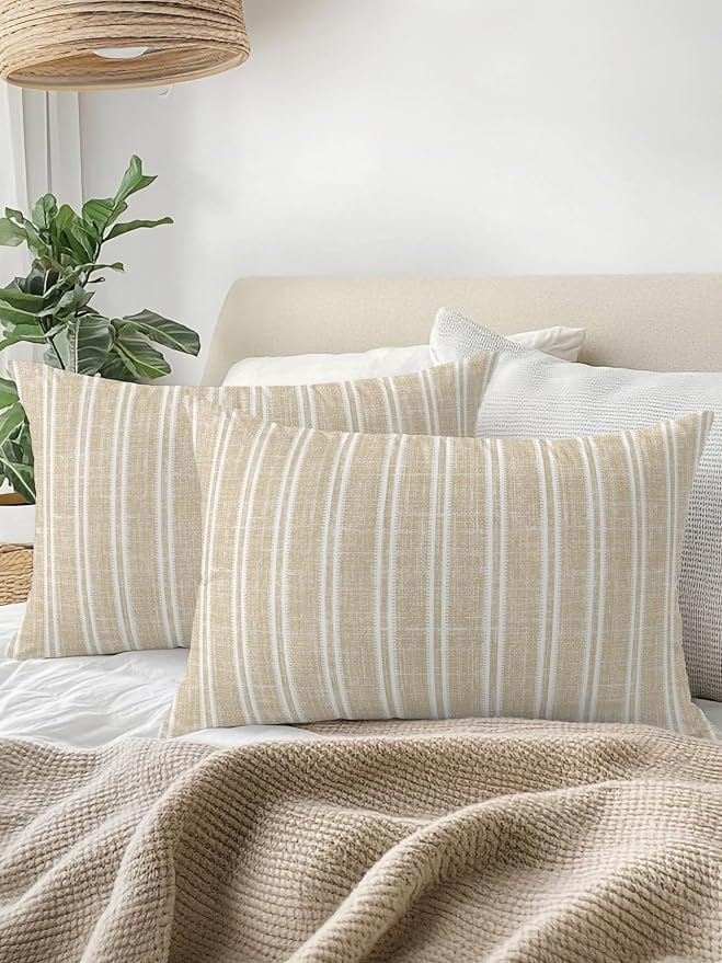 Waterproof Outdoor Pillow Set of 2 Beige Linen Striped Decorative Throw Pillows Cover & Insert 20x12 Inch Lumbar Pillowcase Vertical Stripes Lines Pillows for Couch Sofa Bed Patio Furniture