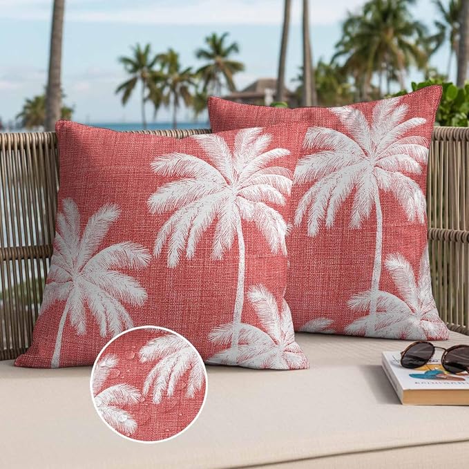 Outdoor Pillow Covers 20x20 Inch Set of 2, Coral Red Palm Trees Waterproof Throw Pillow Covers, Farmhouse Tropical Summer Beach Decorative Cushion Pillowcases for Couch, Sofa, Bed, Garden, Patio