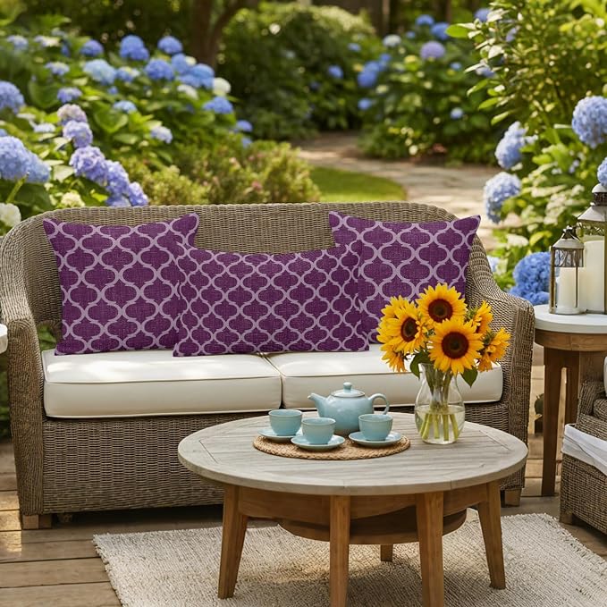 Dark Purple Moroccan Outdoor Pillow Covers 16x16 Inch Throw Pillow Covers Set of 2 Waterproof Decorative Pillow Cases Country Abstract Quatrefoil Lattice Cushion Covers for Patio Furniture Garden