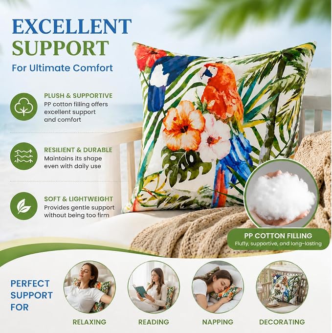 2pcs Outdoor Decor Pillows, Insert and Cover, Waterproof & Fade-Resistant Patio Couch Cushions for Garden, Porch, Poolside Sofa (Tropical Parrot, 18x18in)
